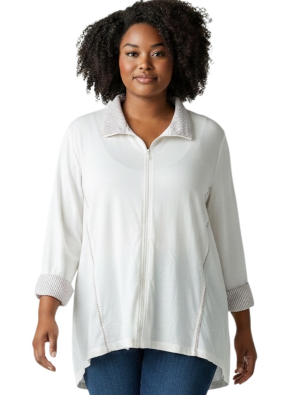 Women's Cream Zip-Front Sweater with Ribbed Trim